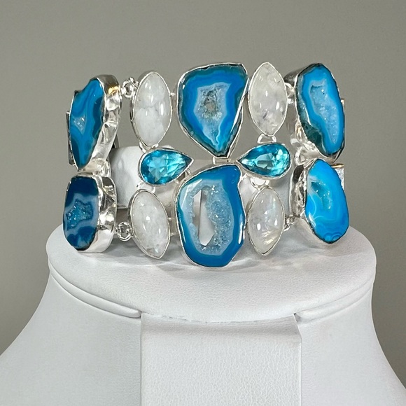Solar Add on Item - Blue Solar Quartz Moonstone 925 Gemstone Large Bracelet - Picture 1 of 5